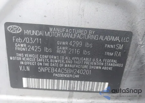 2011 Hyundai Sonata Gls from USA, damaged, VIN 5NPEB4AC5BH240201